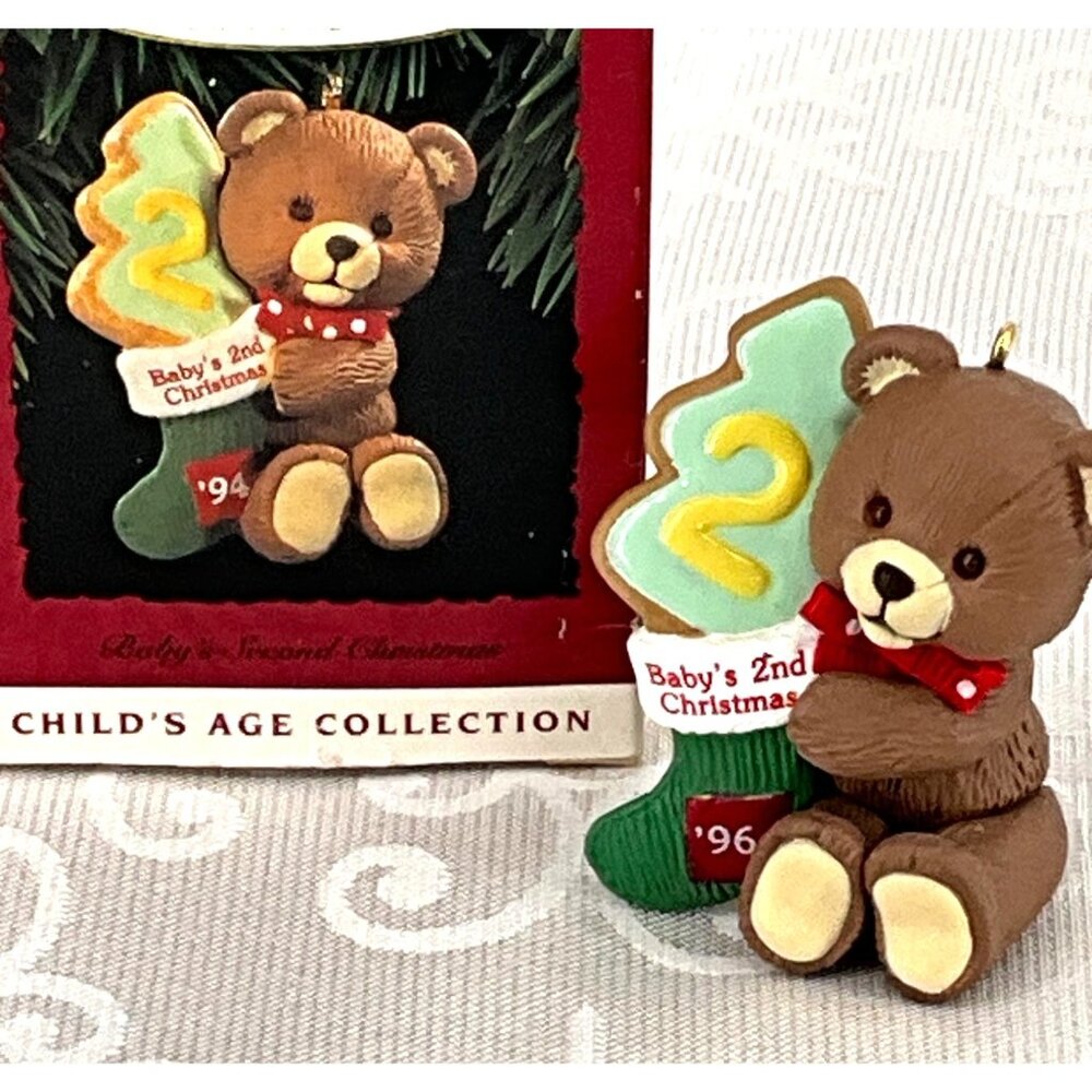 Hallmark 1994 Babys 2nd‎ Christmas Ornament Teddy Bear & Tree